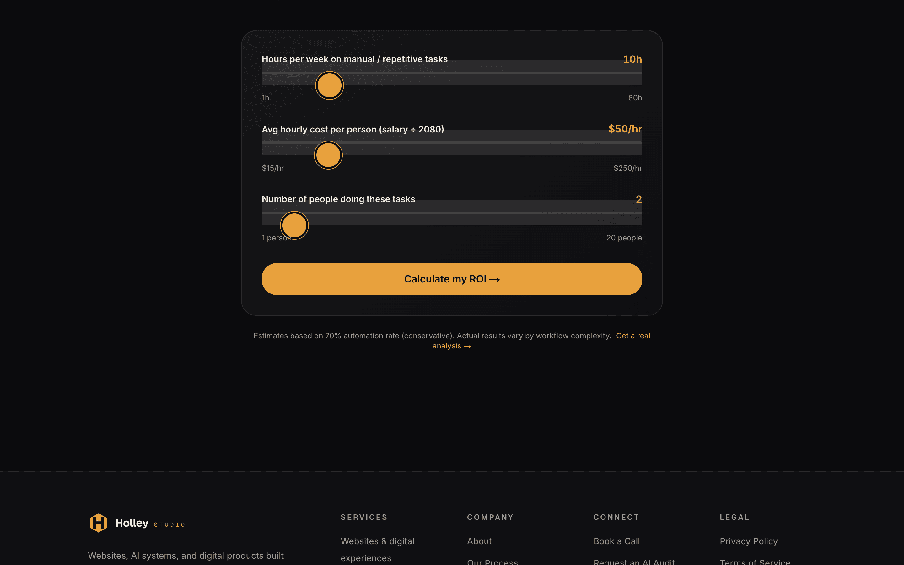 The automation ROI calculator tool at holley.studio/tools/roi-calculator, with inputs and a live payback estimate.