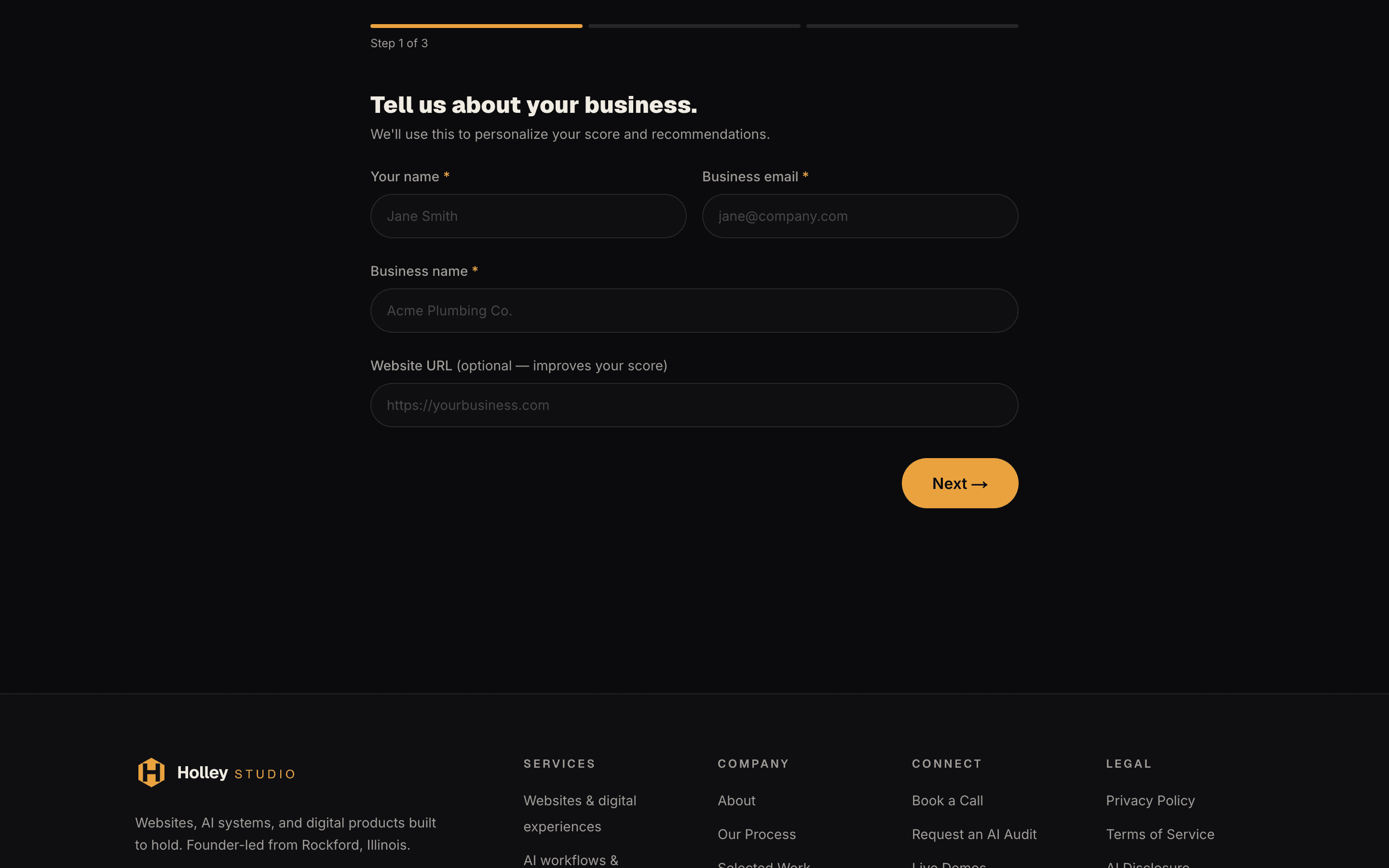 The live AI Growth Audit funnel at holley.studio/audit, showing the business details step of the qualification form.