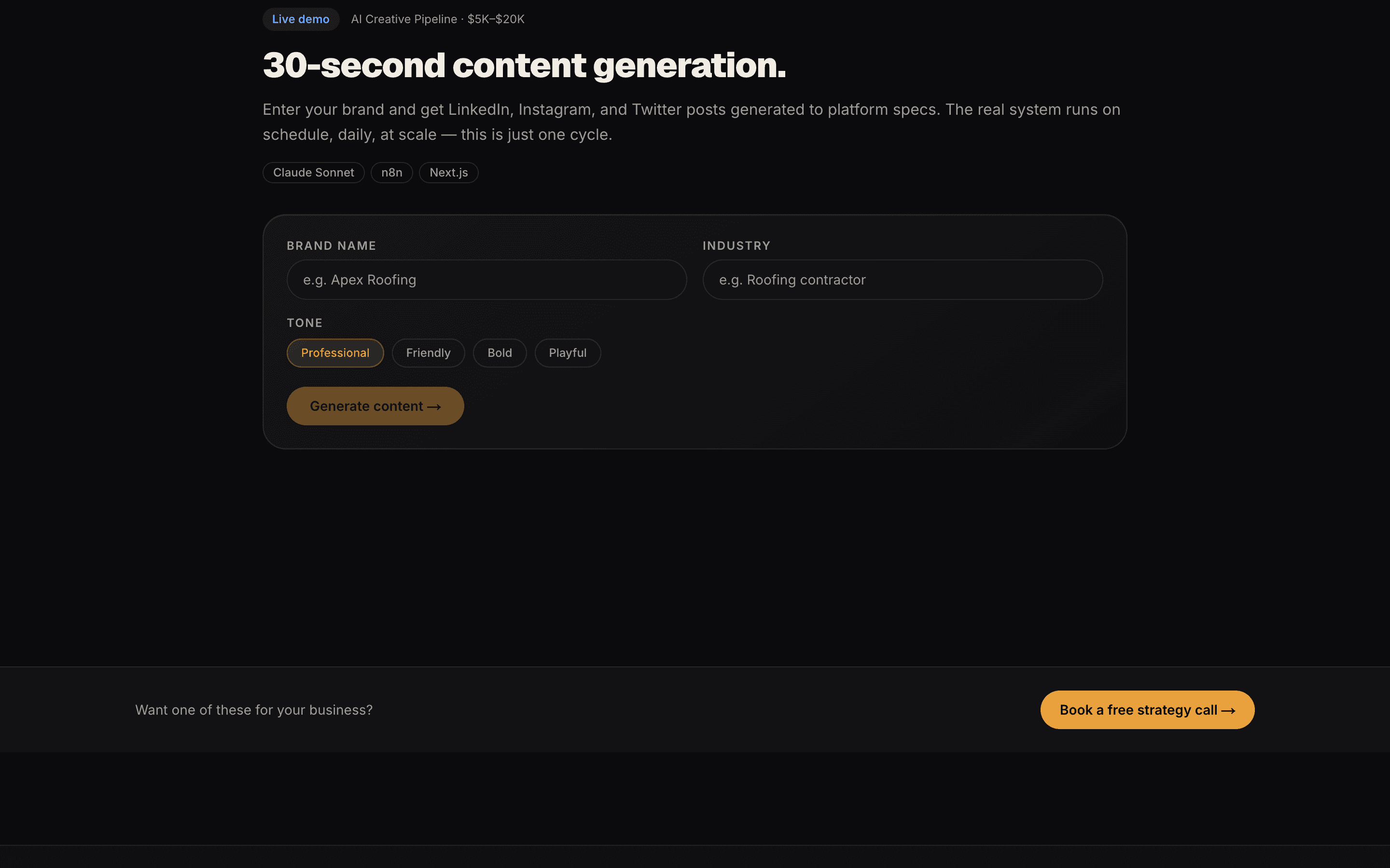 The AI creative pipeline demo generating LinkedIn, Instagram, and Twitter posts from a brand name and industry.