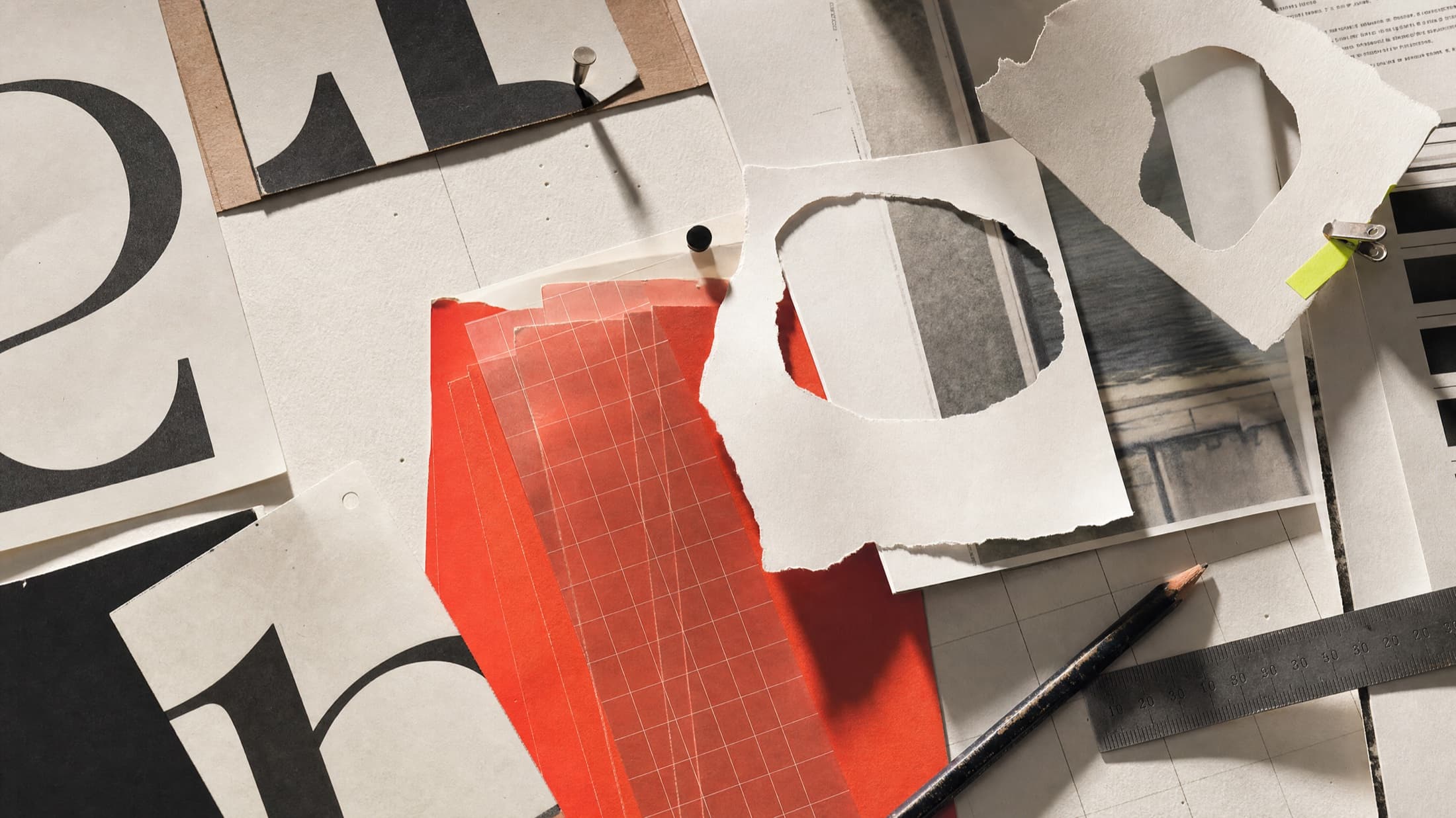 Editorial brand system studies in red, blue, lime and paper tones