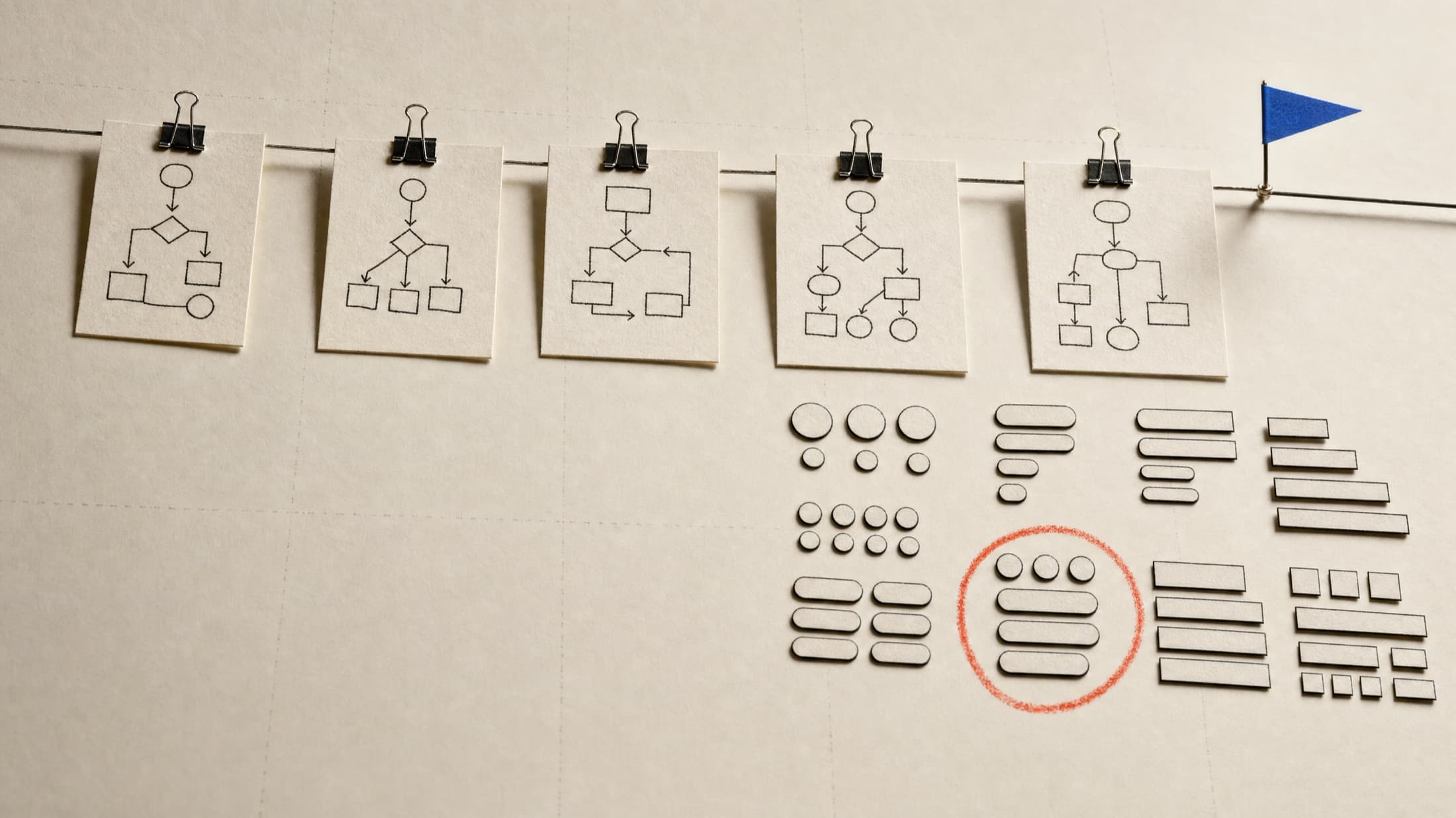 Software product interface studies arranged as a tactile editorial board