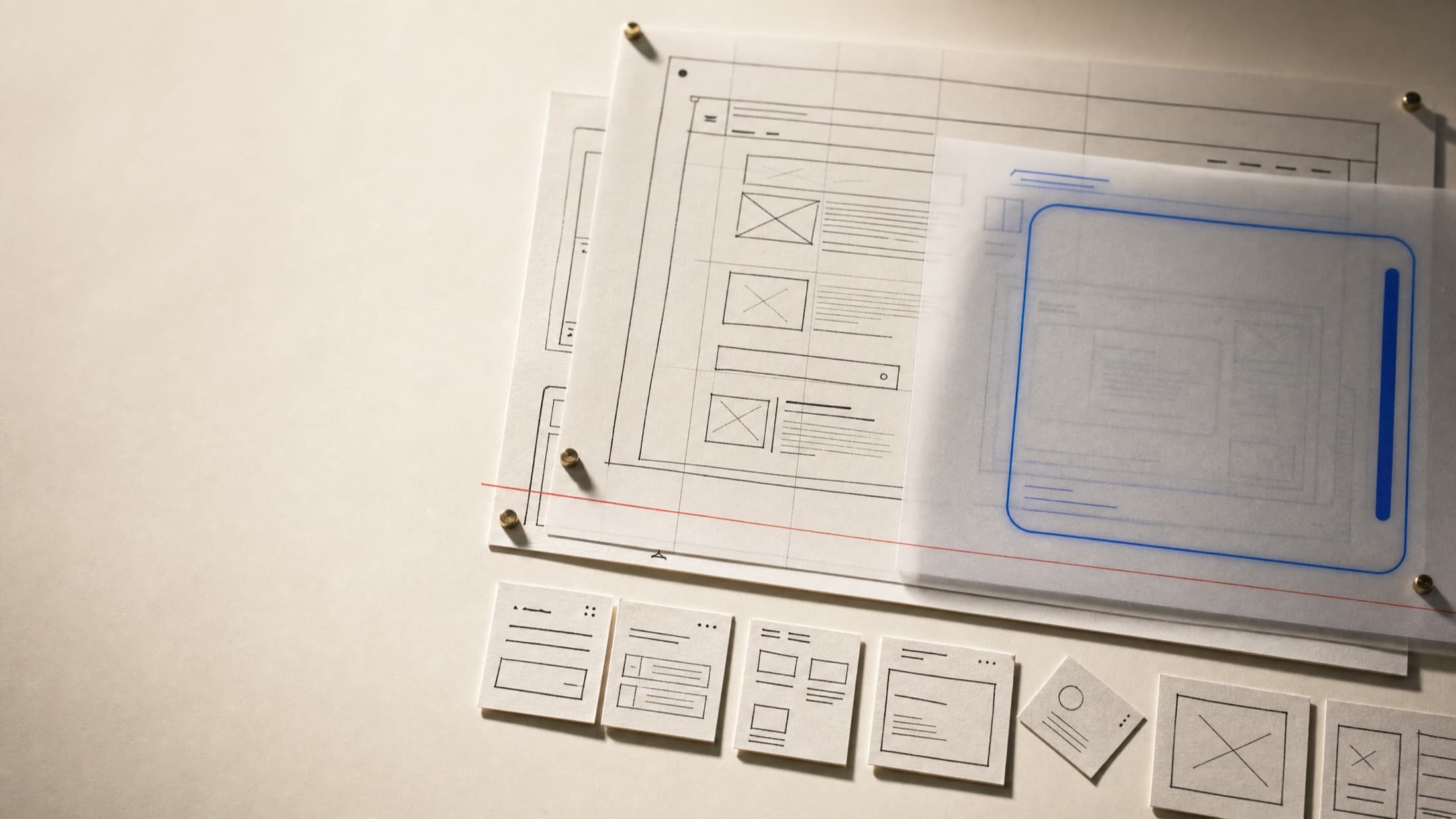 Modular website and product layouts arranged with sketches and color studies