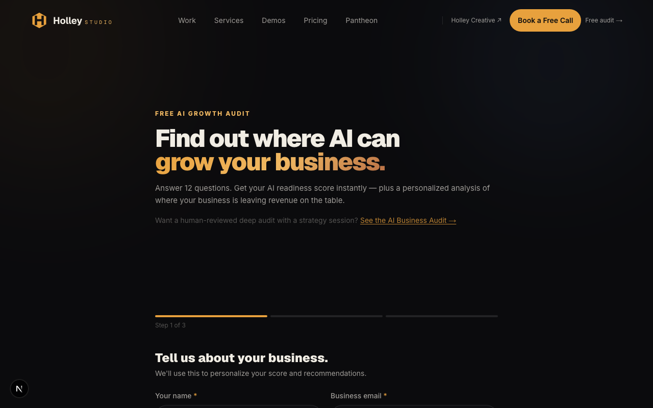 The live AI Growth Audit funnel at holley.studio/audit — step 1 of the 4-step qualification form.