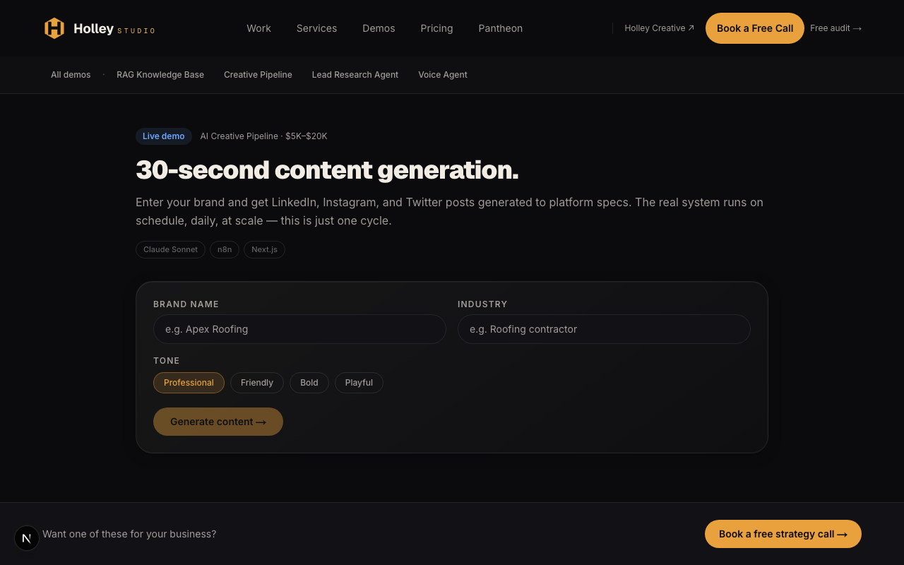 AI Creative Pipeline demo — brand and industry inputs generating LinkedIn, Instagram, and Twitter posts on the Holley Studio live demo.