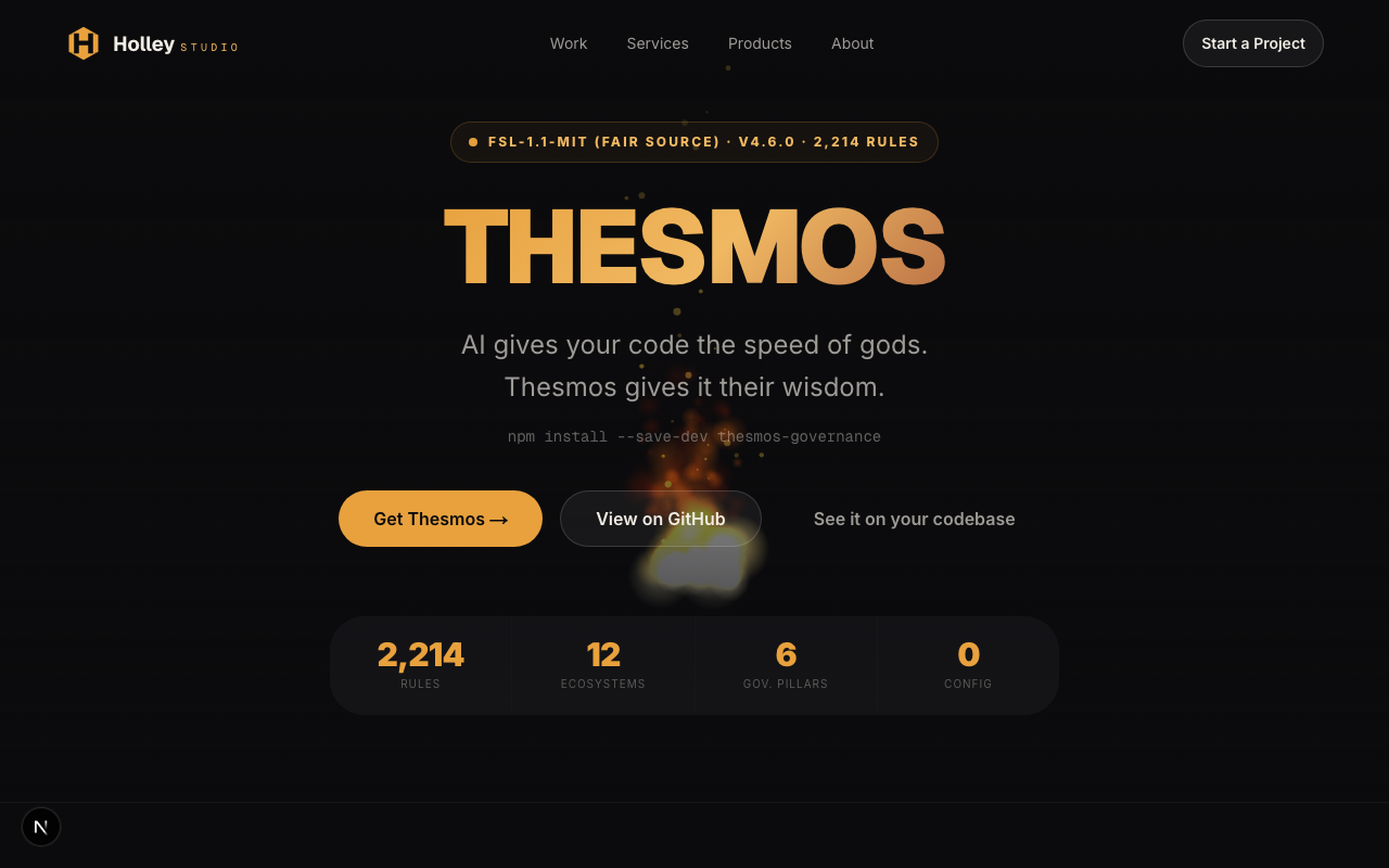 The Thesmos landing page inside the Pantheon — rule engine, ecosystems, and governance pillars.